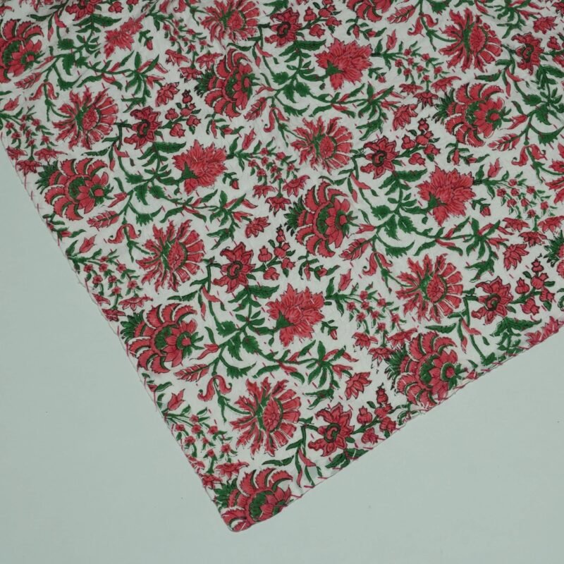 : Luxury White Floral Block Print Kantha Quilt – Handmade Pure Cotton Bedspread omradecor