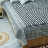 Black and white handmade Kantha quilt with geometric block print, pure cotton lightweight Indian bedding