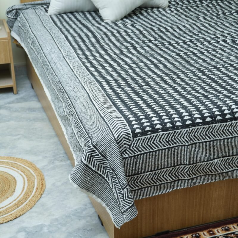 Black and white handmade Kantha quilt with geometric block print, pure cotton lightweight Indian bedding