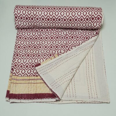 Maroon geometric block print Kantha quilt with mustard border, handmade cotton bedspread from Jaipur.