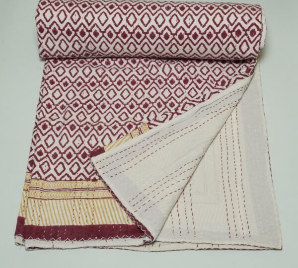 Maroon geometric block print Kantha quilt with mustard border, handmade cotton bedspread from Jaipur.