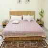 Maroon geometric block print Kantha quilt with mustard border, handmade cotton bedspread from Jaipur.