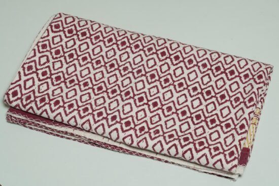 Maroon geometric block print Kantha quilt with mustard border, handmade cotton bedspread from Jaipur.