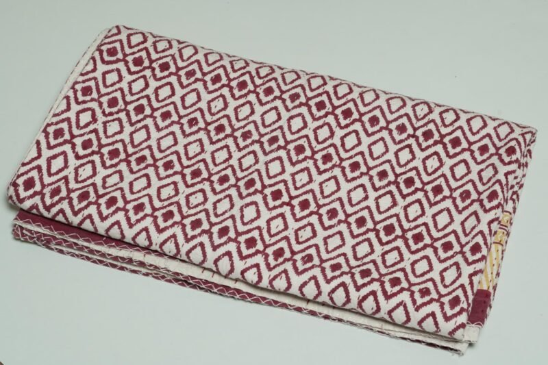 Maroon geometric block print Kantha quilt with mustard border, handmade cotton bedspread from Jaipur.