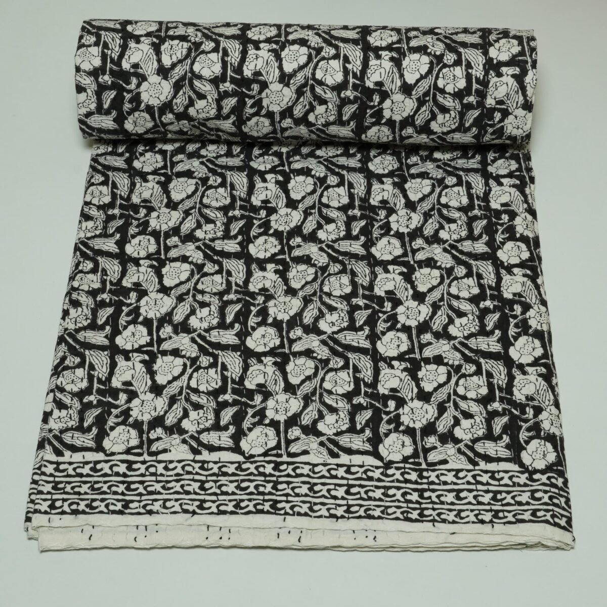 Block Print Kantha Quilt Black & White Floral