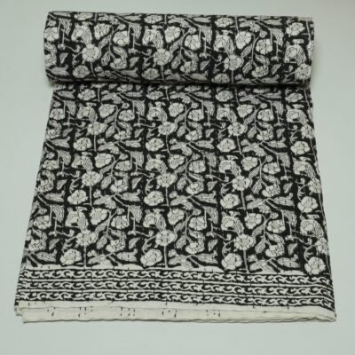 Block Print Kantha Quilt Black & White Floral