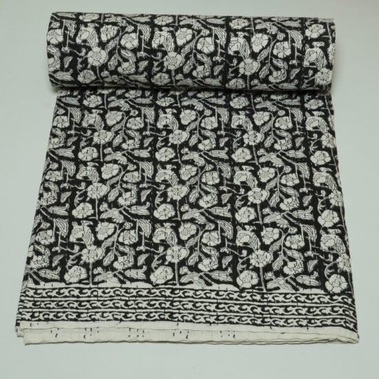 Block Print Kantha Quilt Black & White Floral