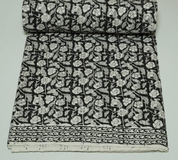 Block Print Kantha Quilt Black & White Floral