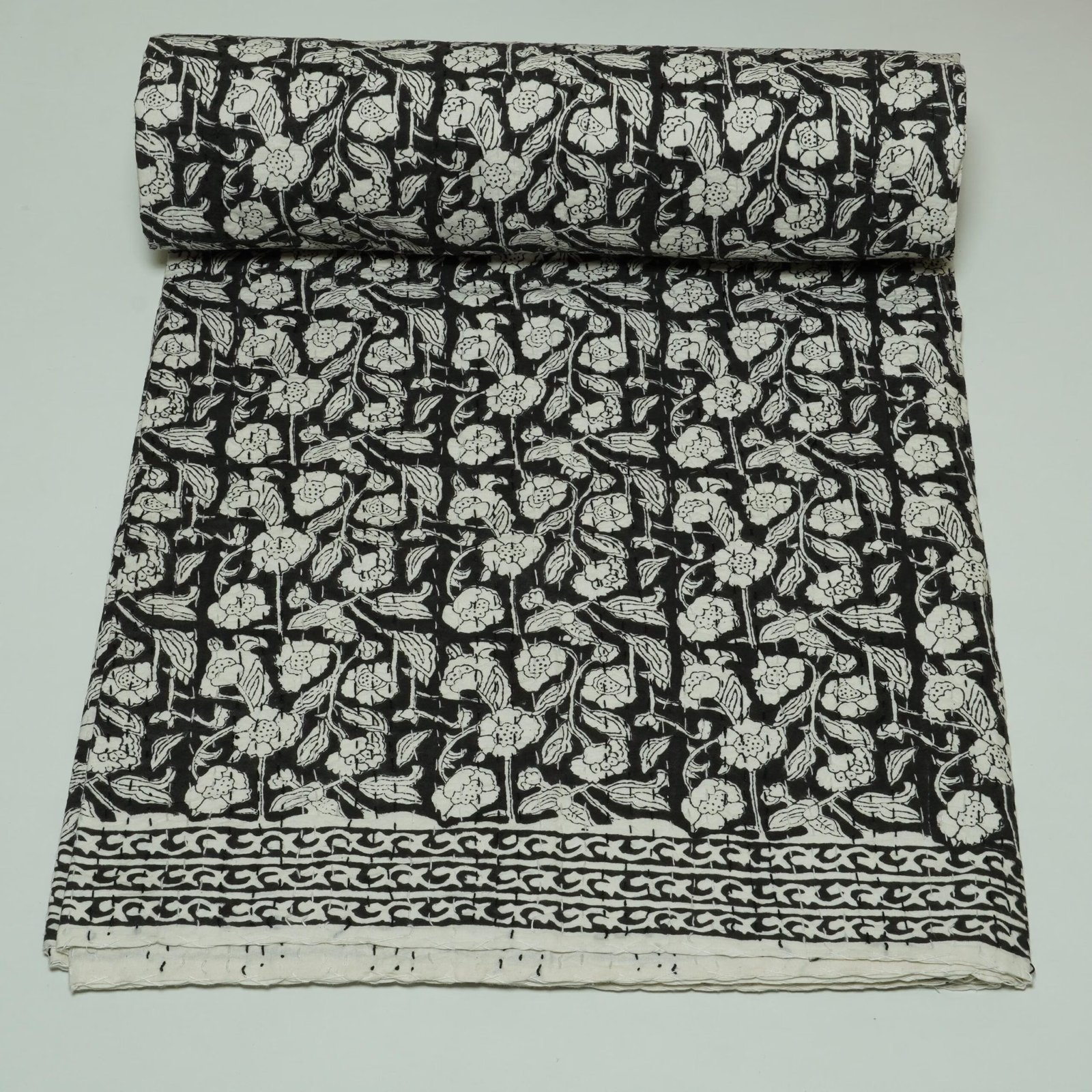 Home 3 Block Print Kantha Quilt Black & White Floral