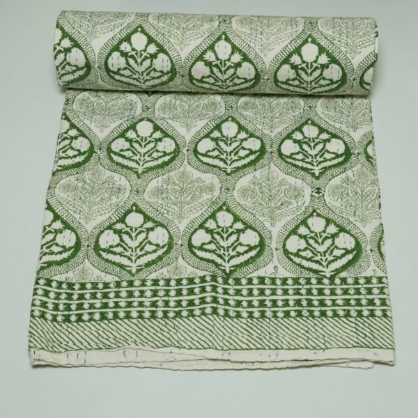 Rolled green floral paisley block print Kantha cotton fabric with handcrafted stitching on a cream base, by omradecor