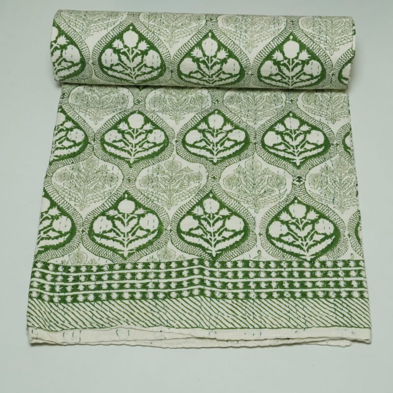 Rolled green floral paisley block print Kantha cotton fabric with handcrafted stitching on a cream base, by omradecor
