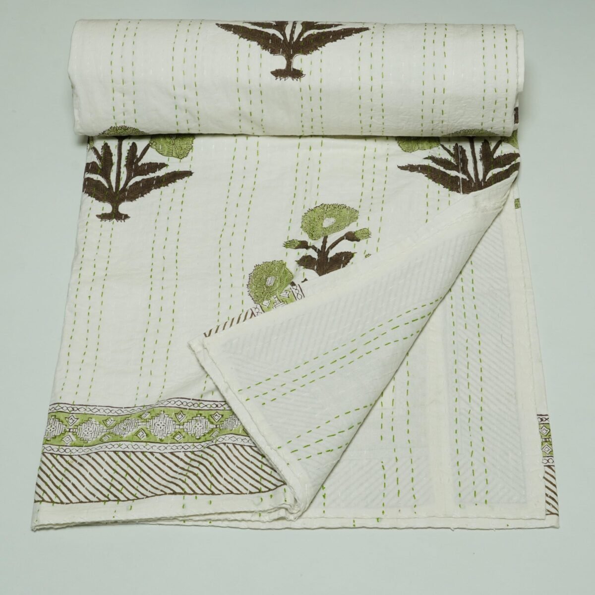 Handmade White Floral Block Print Kantha Quilt in Pure Cotton omradecor