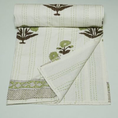 Handmade White Floral Block Print Kantha Quilt in Pure Cotton omradecor