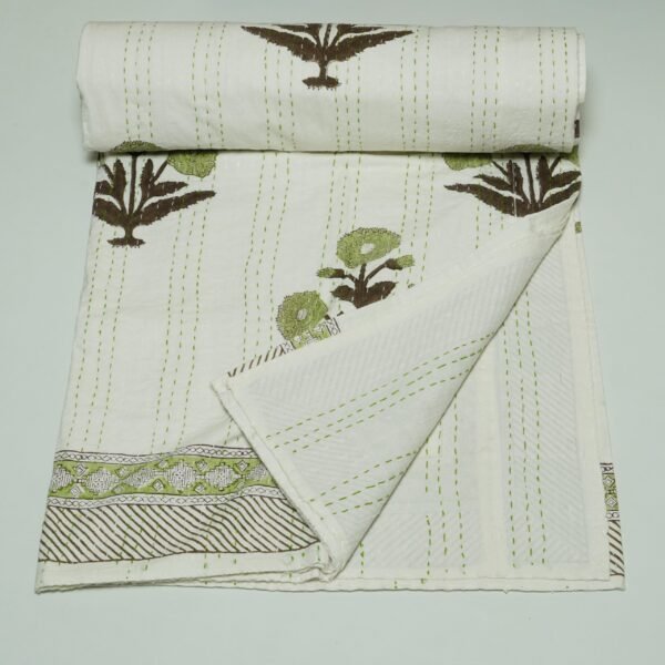 Handmade White Floral Block Print Kantha Quilt in Pure Cotton omradecor