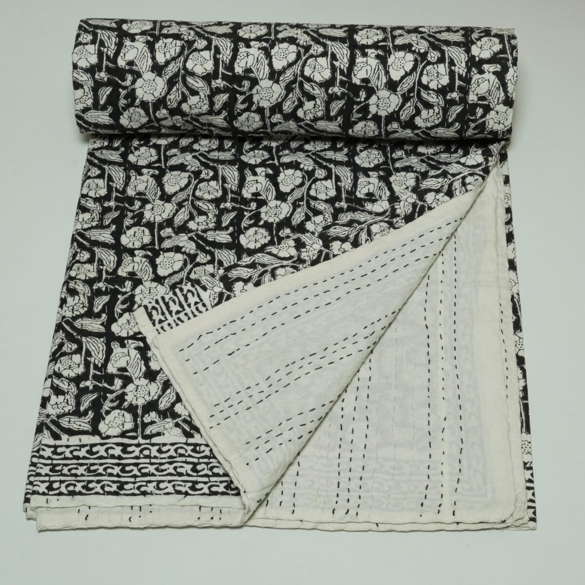 Block Print Kantha Quilt Black & White Floral