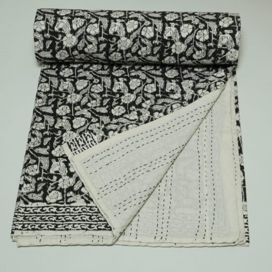 Block Print Kantha Quilt Black & White Floral