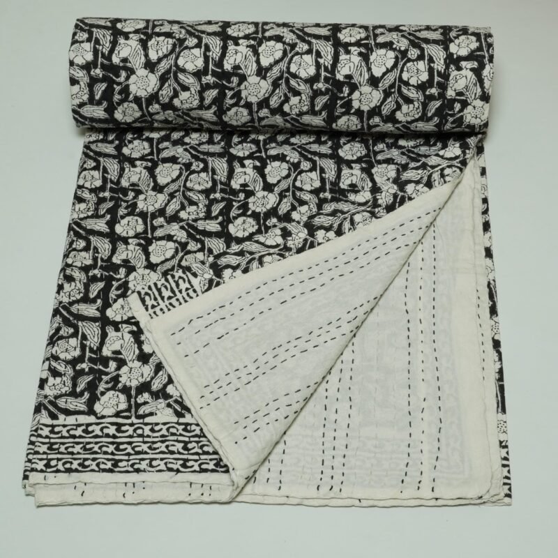 Block Print Kantha Quilt Black & White Floral