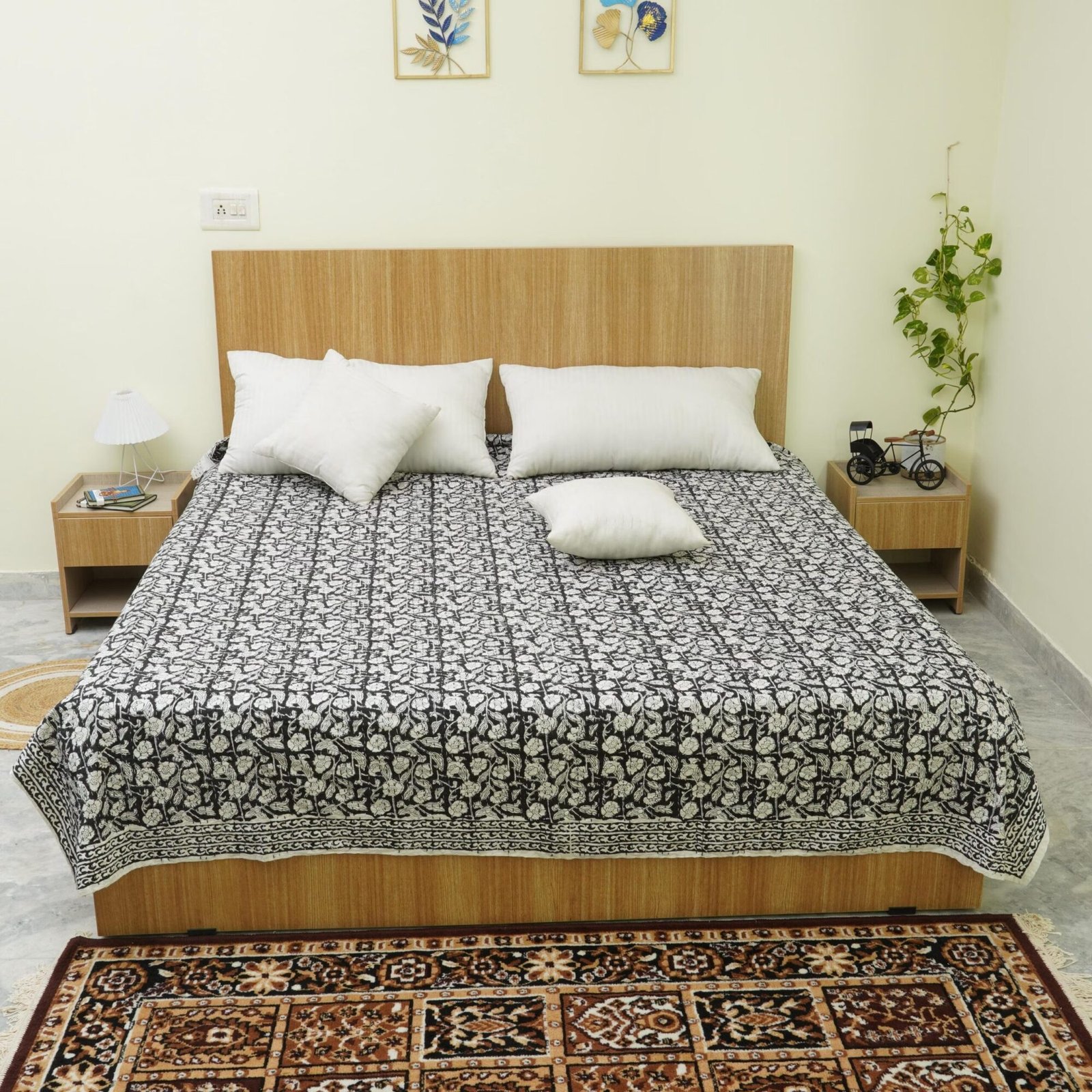 Block Print Kantha Quilt Black & White Floral