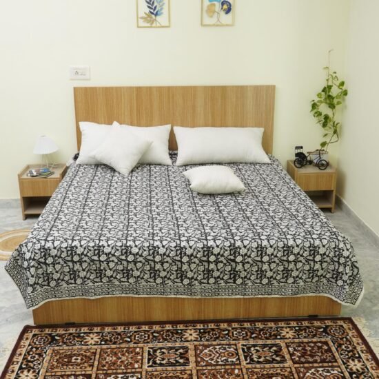 Block Print Kantha Quilt Black & White Floral