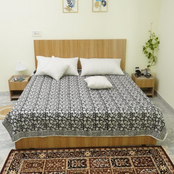 Block Print Kantha Quilt Black & White Floral