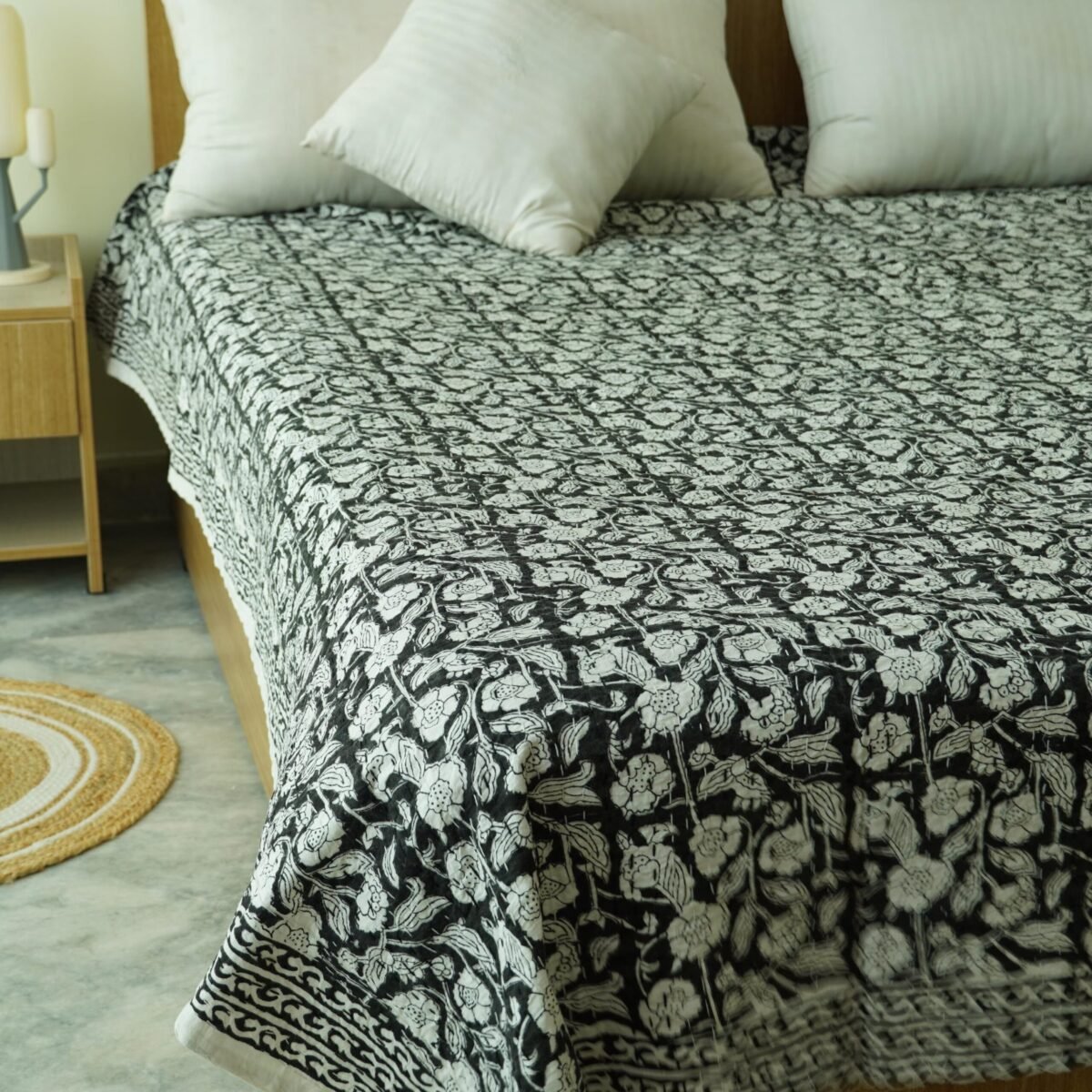 Block Print Kantha Quilt Black & White Floral