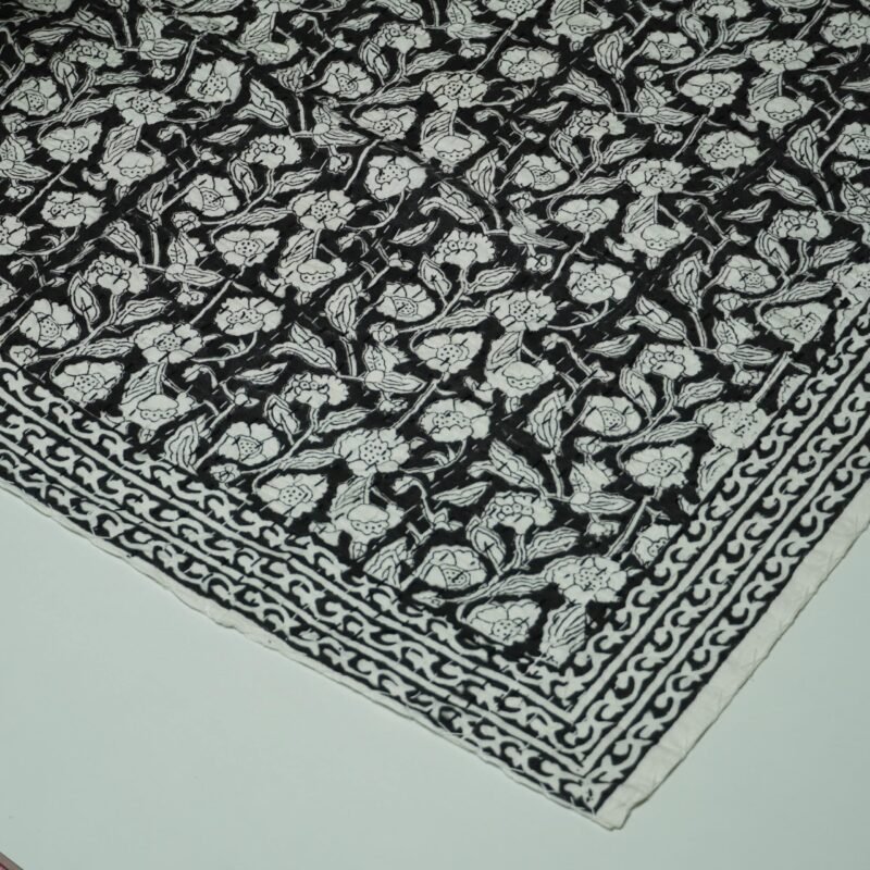 Block Print Kantha Quilt Black & White Floral