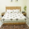 Handmade White Floral Block Print Kantha Quilt in Pure Cotton