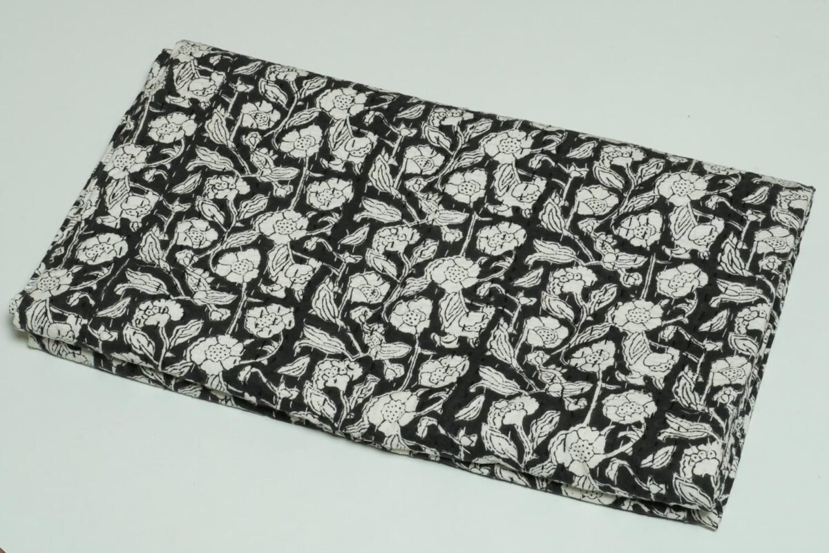 Block Print Kantha Quilt Black & White Floral