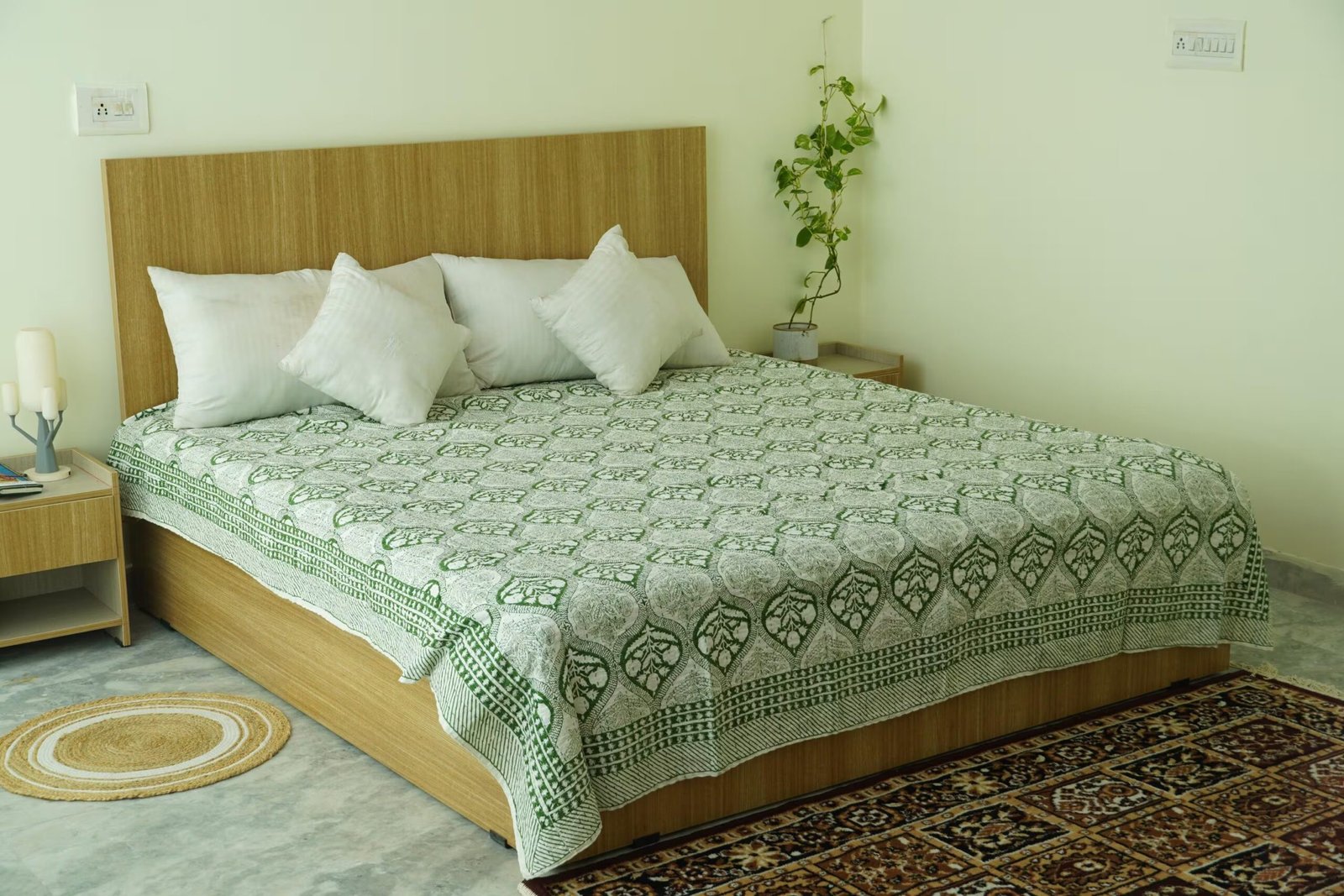 Green Floral Block Print Kantha Quilt– Handmade Cotton Quilt Material