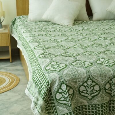 Green Floral Block Print Kantha Fabric – Handmade Cotton Quilt Material