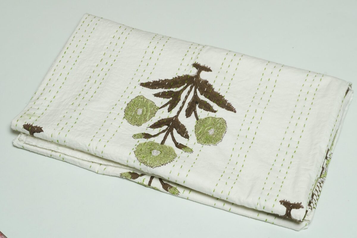 Handmade White Floral Block Print Kantha Quilt in Pure Cotton omradecor