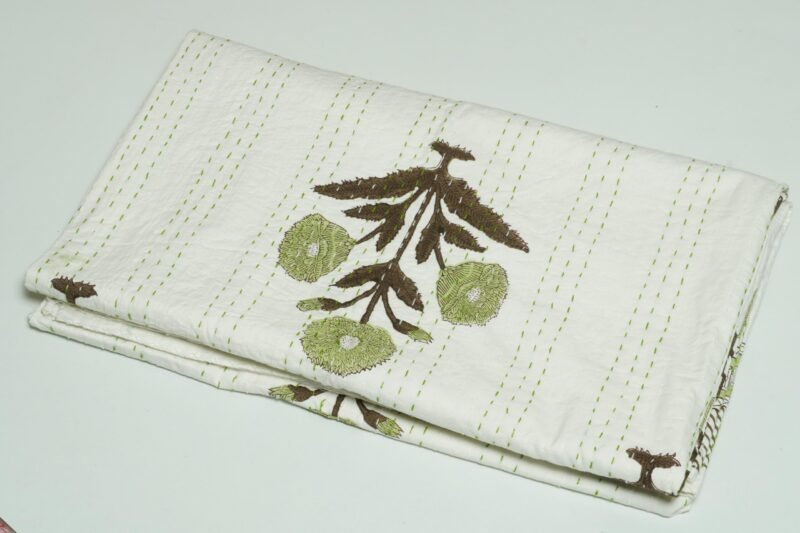 Handmade White Floral Block Print Kantha Quilt in Pure Cotton omradecor