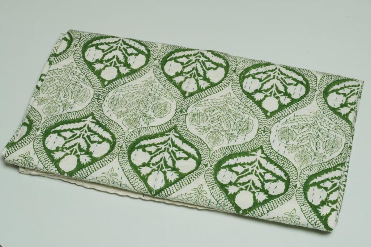 Rolled green floral paisley block print Kantha cotton fabric with handcrafted stitching on a cream base, by omradecor