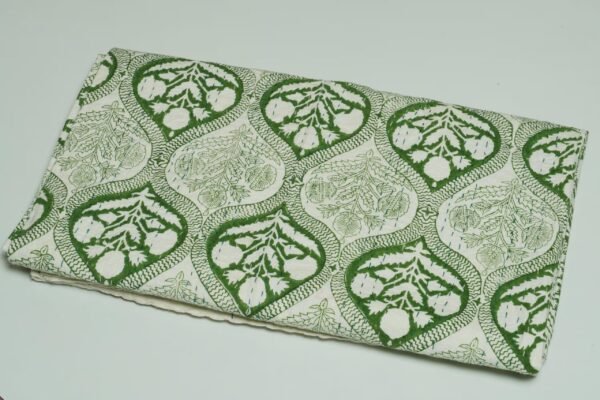 Rolled green floral paisley block print Kantha cotton fabric with handcrafted stitching on a cream base, by omradecor