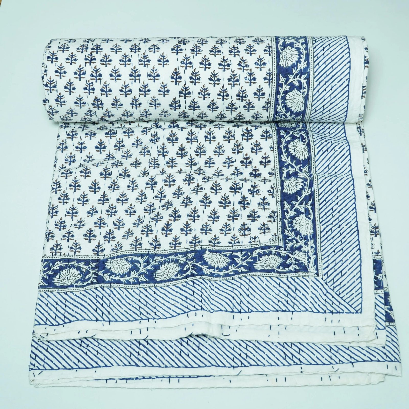 Blue White Block Print Kantha Quilt | Handmade Indian Cotton Bedspread for Bedroom Décor