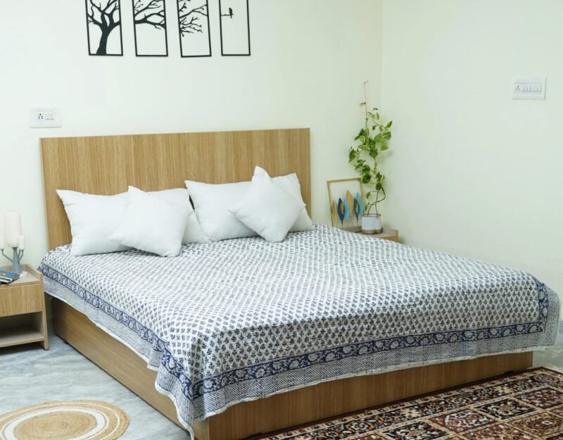 Blue White Block Print Kantha Quilt | Handmade Indian Cotton Bedspread for Bedroom Décor