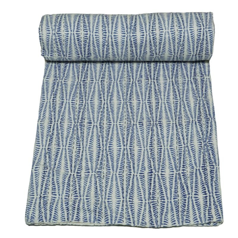 Blue Block Print Indian Kantha Pure Cotton Quilt