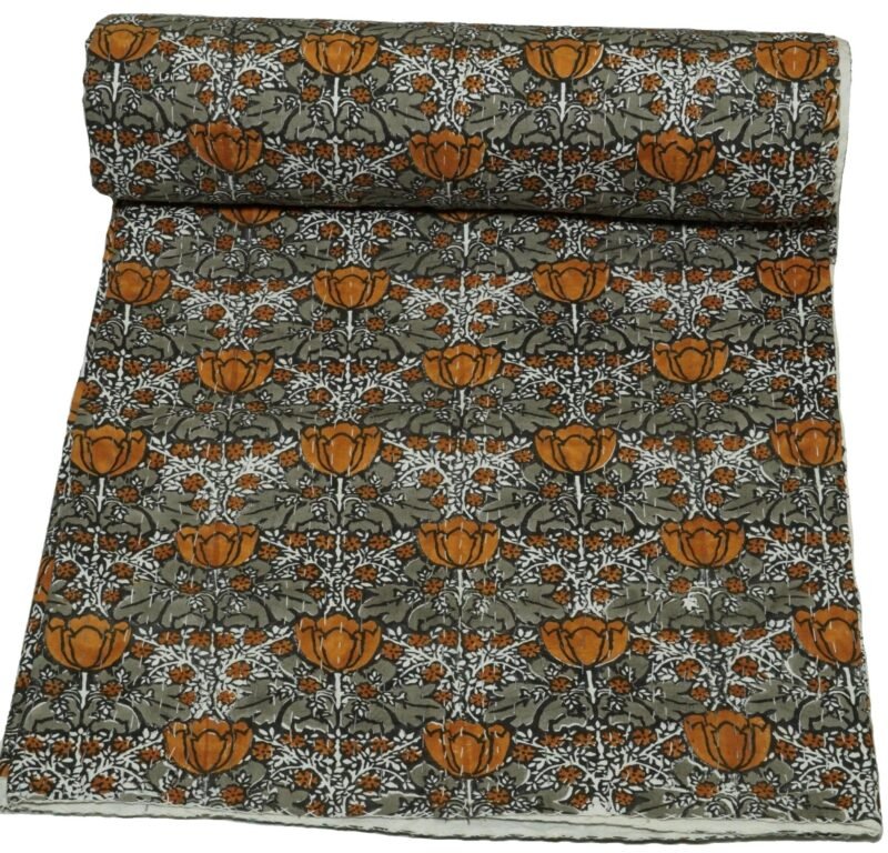 Block Print Indian Kantha Quilt With Olive Floral