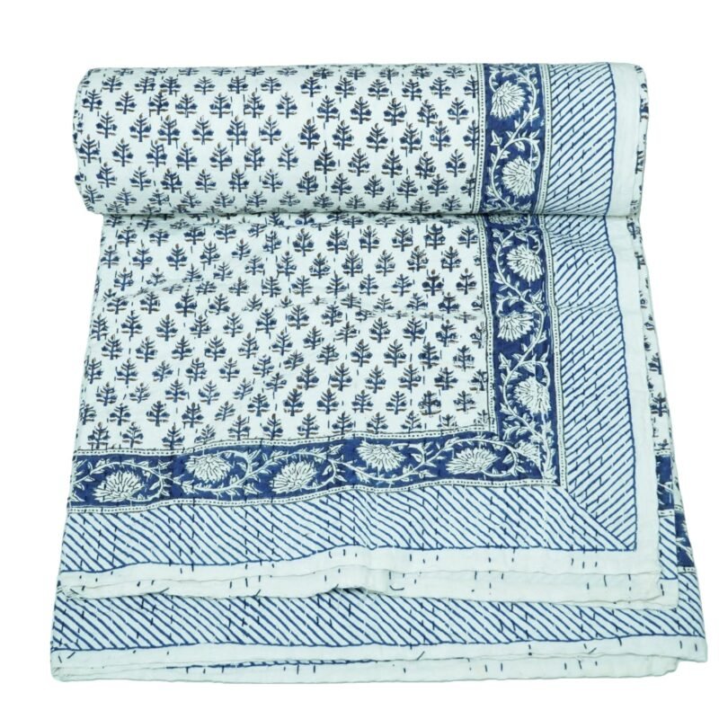 Blue White Block Print Indian Pure  Kantha Quilt