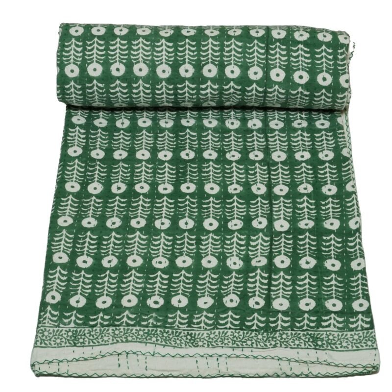 Green Block Print Pure Cotton Indian Kantha Quilt