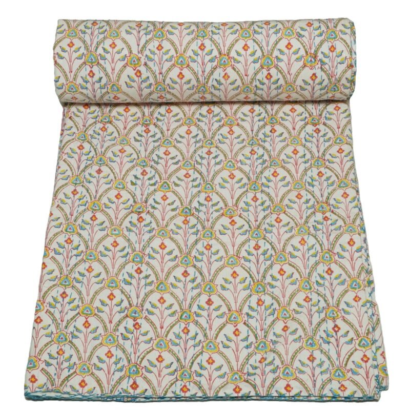 Multicolor Floral Block Print Kantha Quilt
