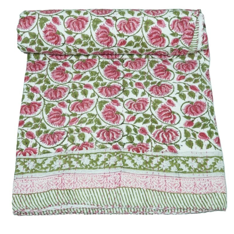 Handmade Pink Floral Block Print Kantha Quilt in Pure Cotton