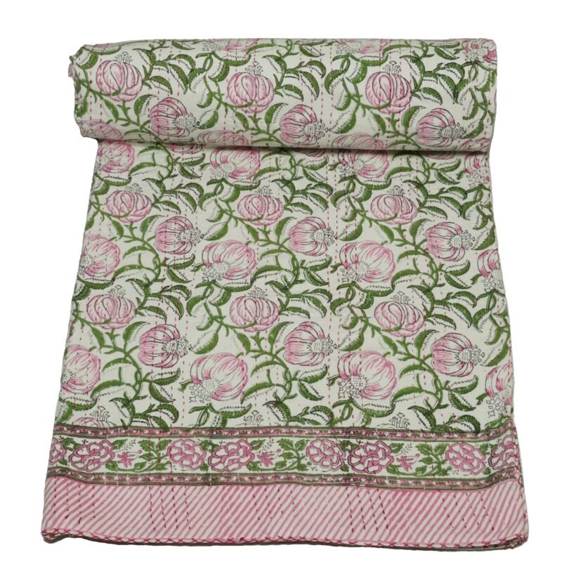 Pink Floral Block Print Hand-made Pure Kantha Quilt