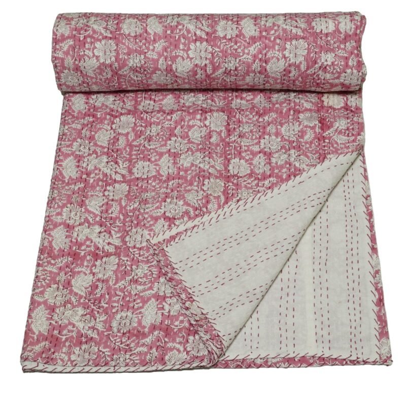 Pink Floral Block Print Pure Cotton Kantha Quilt
