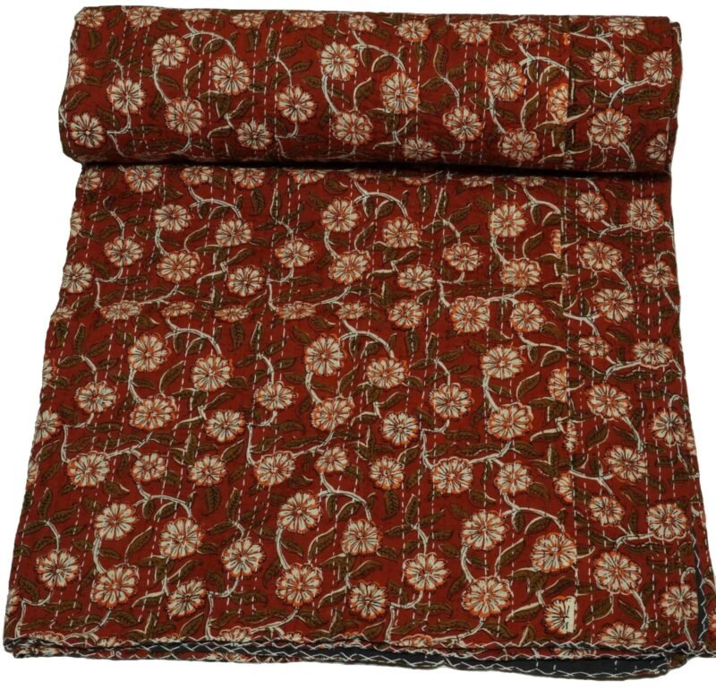 Rust Red Floral Kantha Quilt – Handmade Cotton Block Print