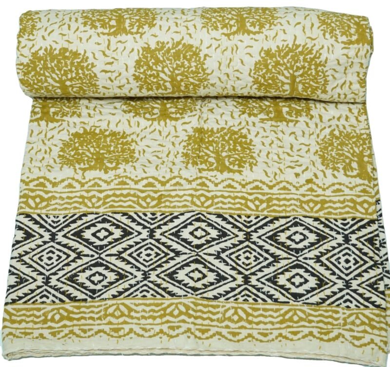 Mustard Yellow Indian Pure Cotton Kantha Quilt Cotton