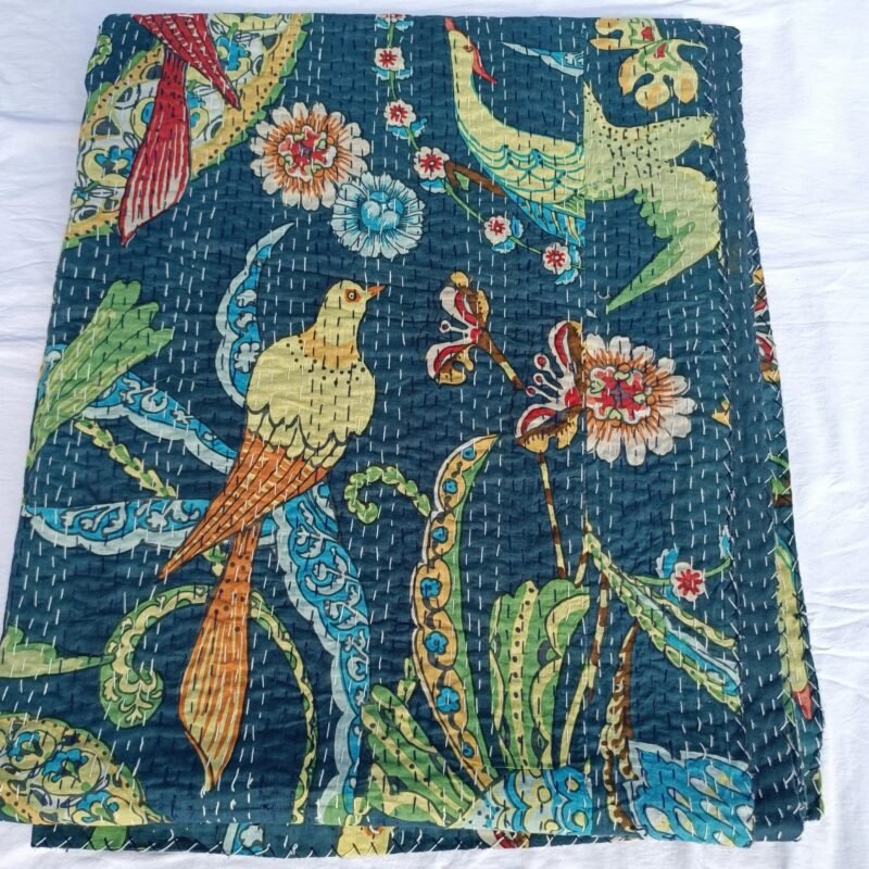 Handmade Blue Bird Floral Kantha Quilt Cotton Bedspread