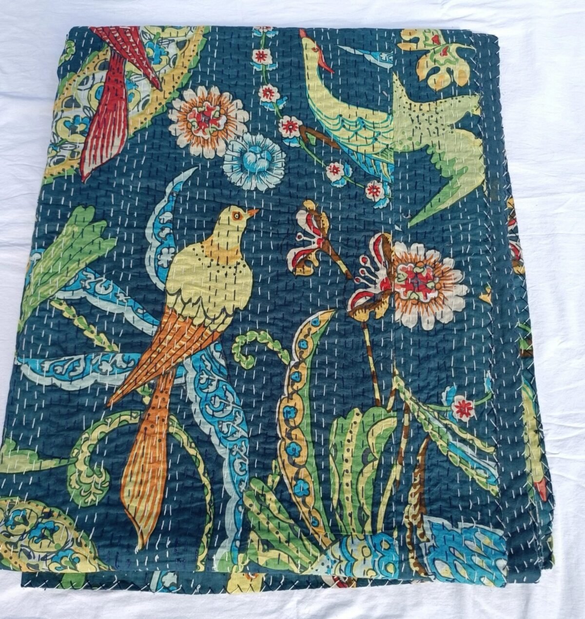 Handmade Blue Bird Floral Kantha Quilt Cotton Bedspread