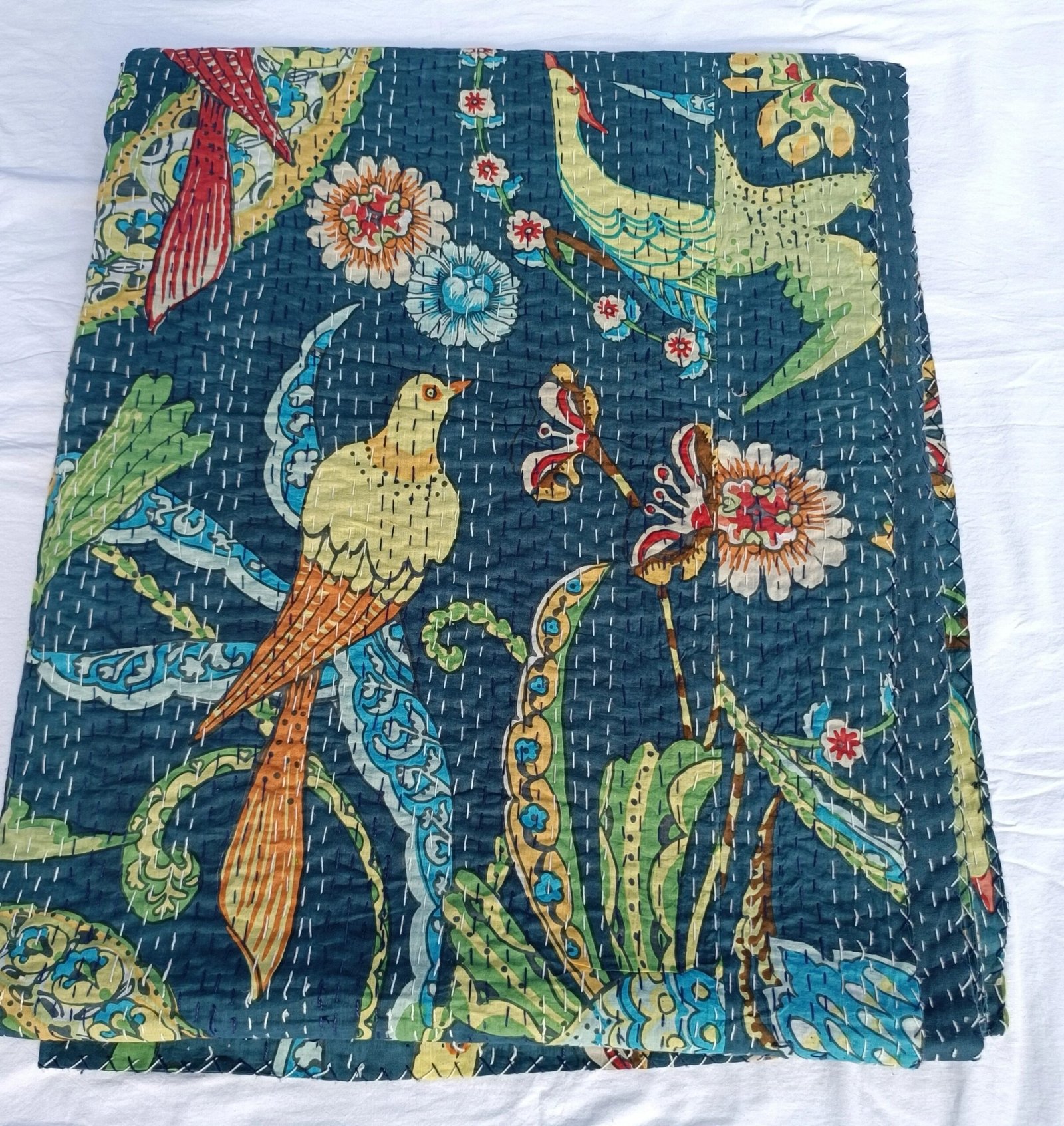 Handmade Blue Bird Floral Kantha Quilt Cotton Bedspread