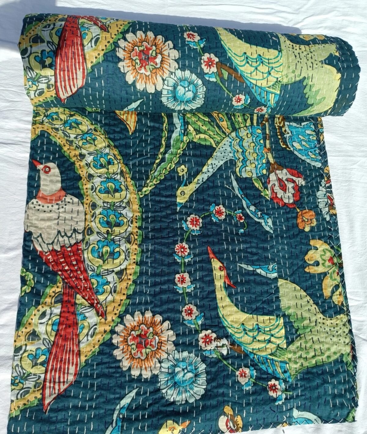 Handmade Blue Bird Floral Kantha Quilt Cotton Bedspread